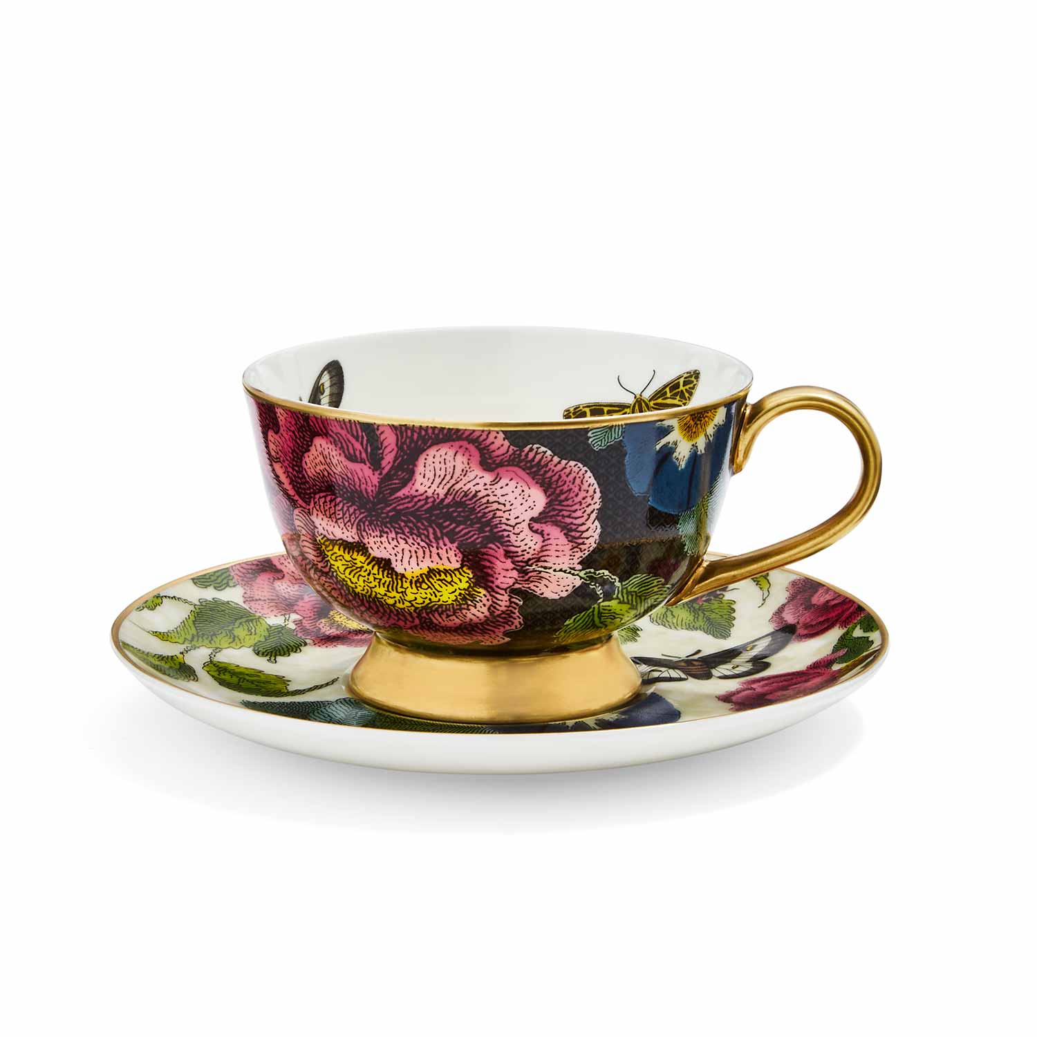 Creatures of Curiosity  Dark Floral Coupe Teacup and Saucer (Black/White) image number null